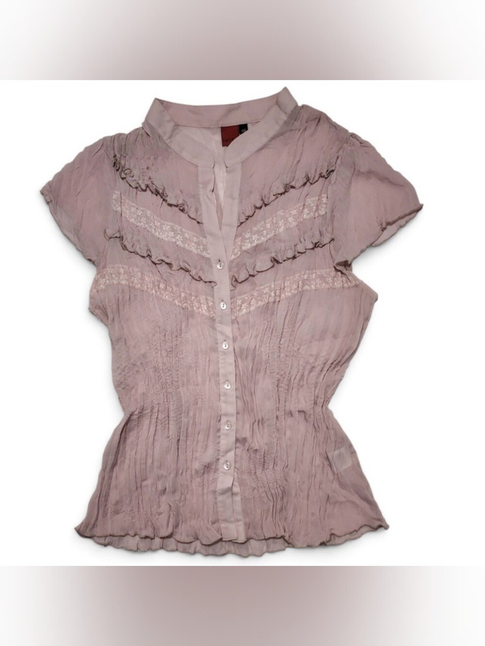 Dusty Rose Blush Pink Ruffled Button Up Short Sleeve Sheer Blouse